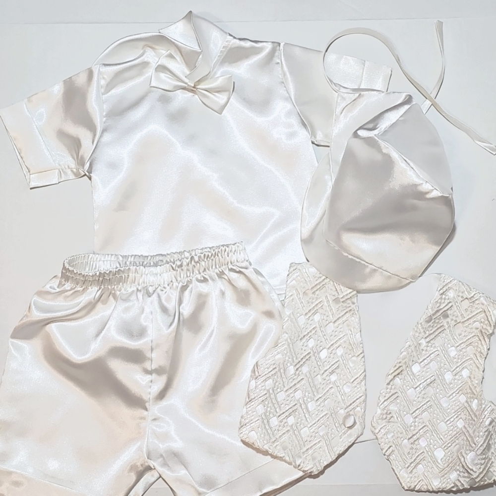 Babys Boys 4 Piece Easter L Christening White Set Silky Shirt Shorts Vest Bonnet